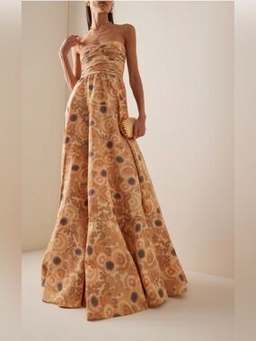 Alexis Beige and Tan Printed Strapless Maxi Dress